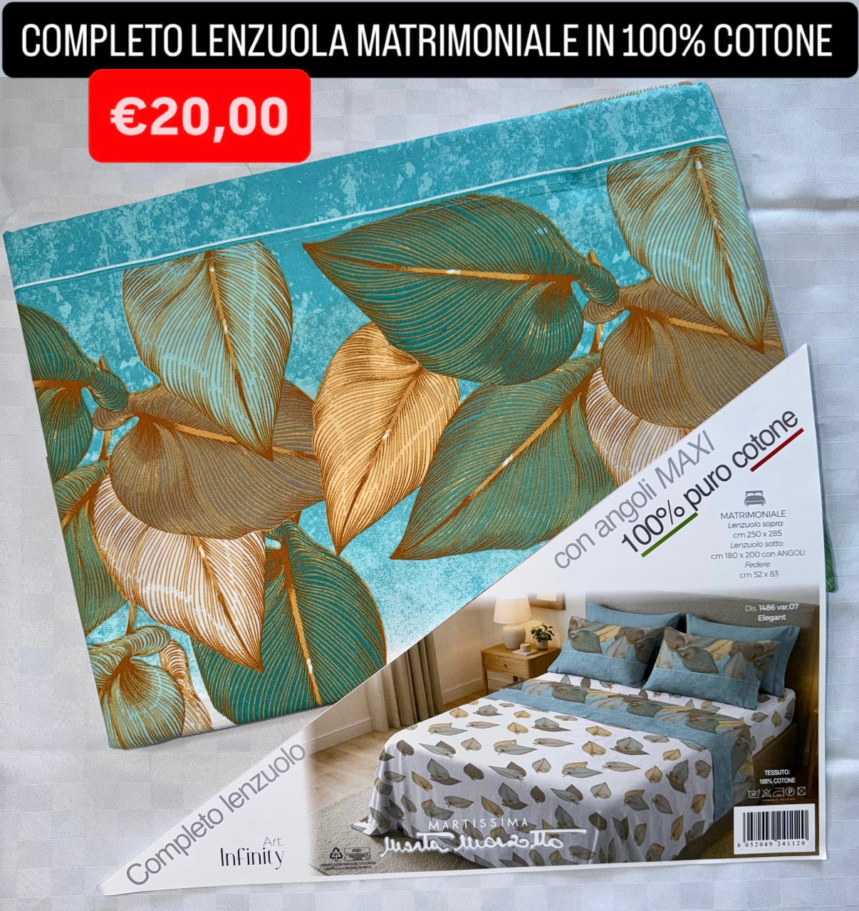 COMPLETO LENZUOLA MATRIMONIALE IN 100% COTONE , contiene Lenzuolo sopra, Lenzuolo sotto con angoli e due Federe