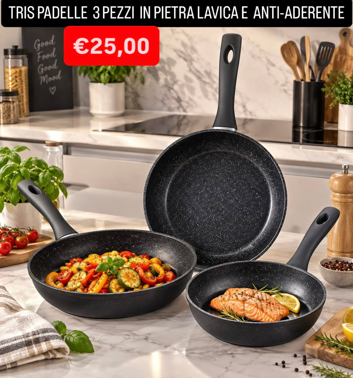 TRIS DI PADELLE 3 PEZZI IN PIETRA LAVICA E ANTI-ADERENTE (colore nero)