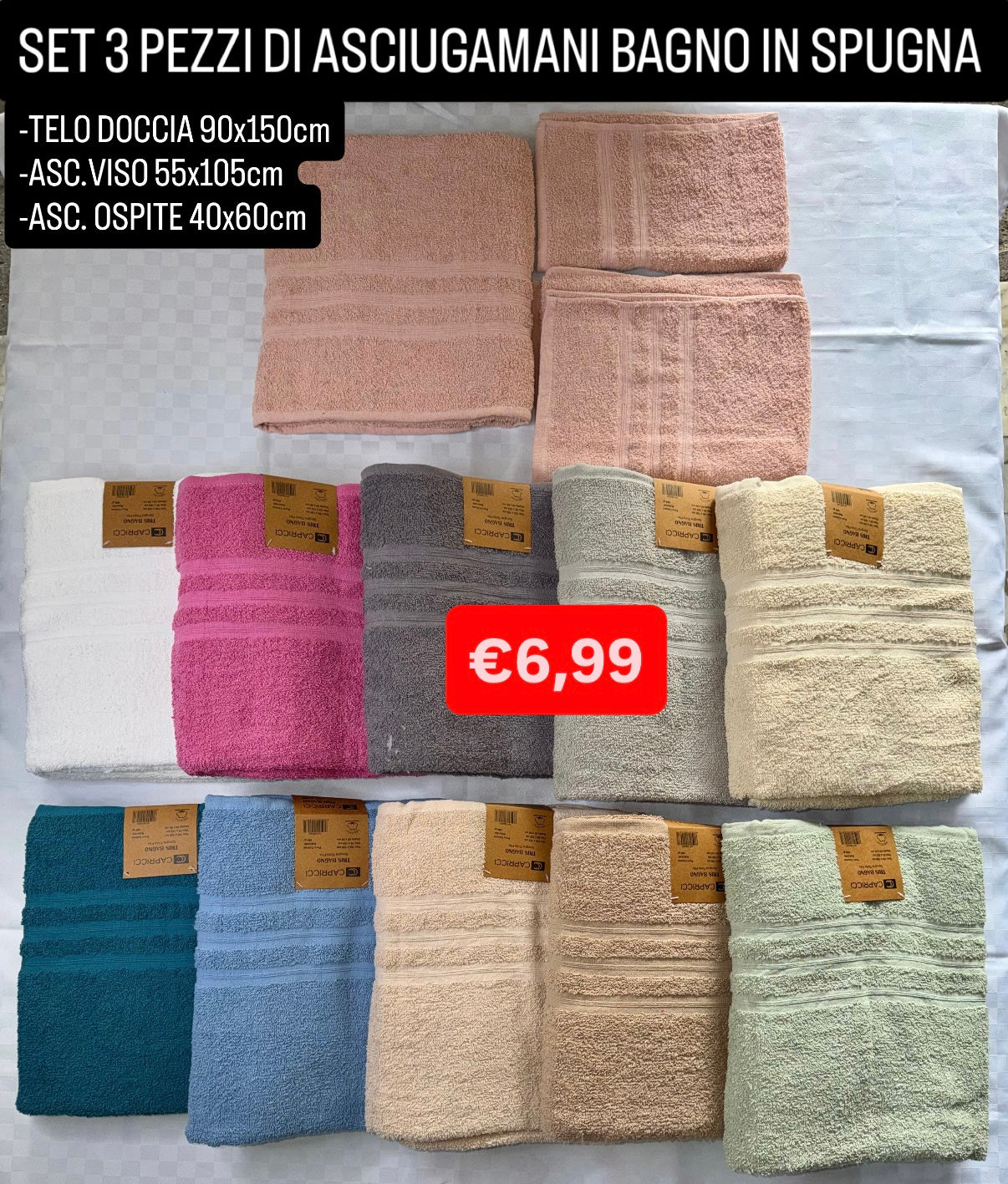 SET 3 PEZZI ASCIUGAMANI BAGNO IN SPUGNA contiene TELO DOCCIA 100x150cm, ASCIUGAMANO VISO 60x100cm e ASCIUGAMANO OSPITE 40x60cm