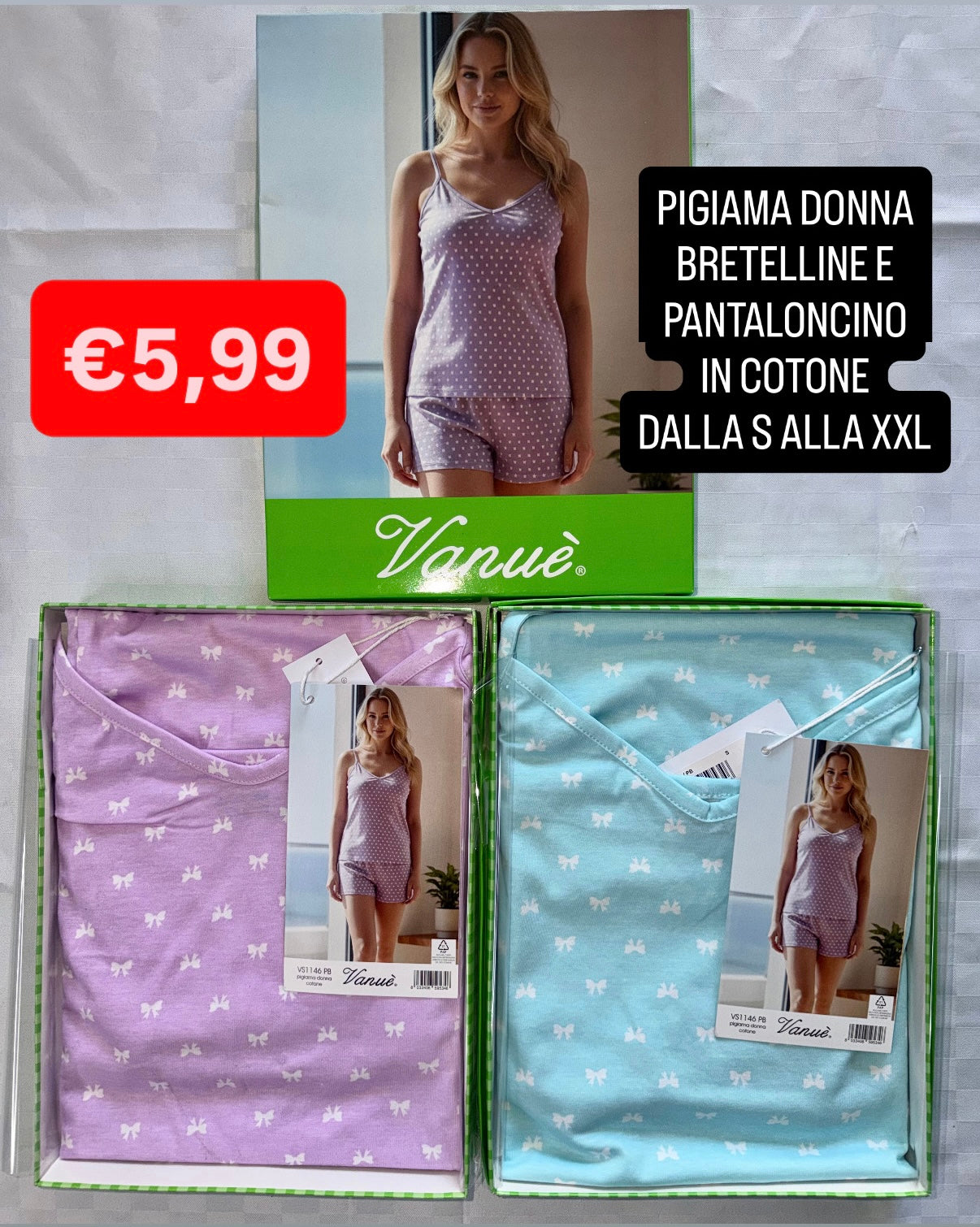 PIGIAMA DONNA Bretelline e Pantaloncino in 100% cotone