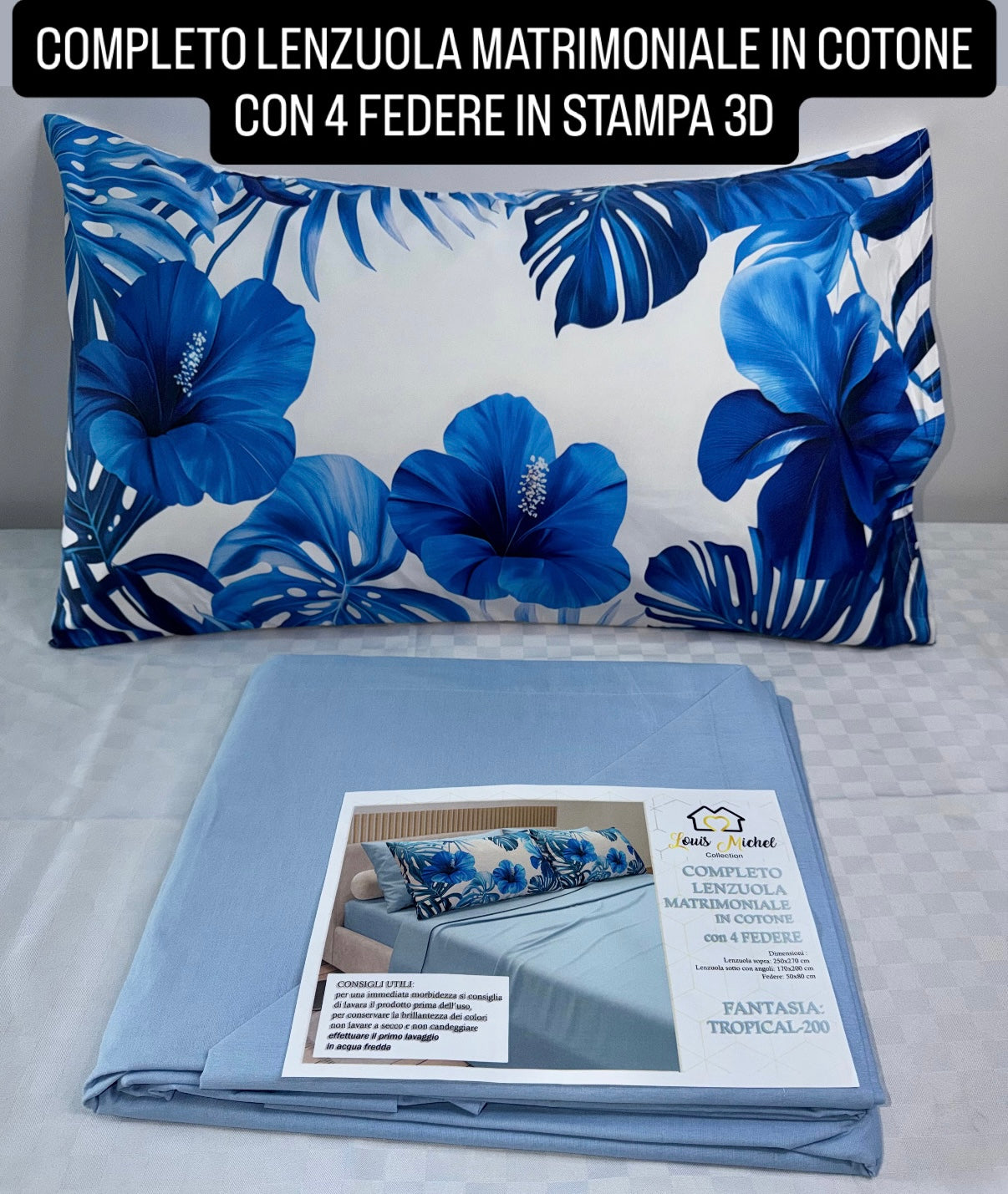 COMPLETO LENZUOLA MATRIMONIALE IN COTONE contiene LENZUOLO SOPRA, LENZUOLO SOTTO E 4 FEDERE IN STAMPA 3D