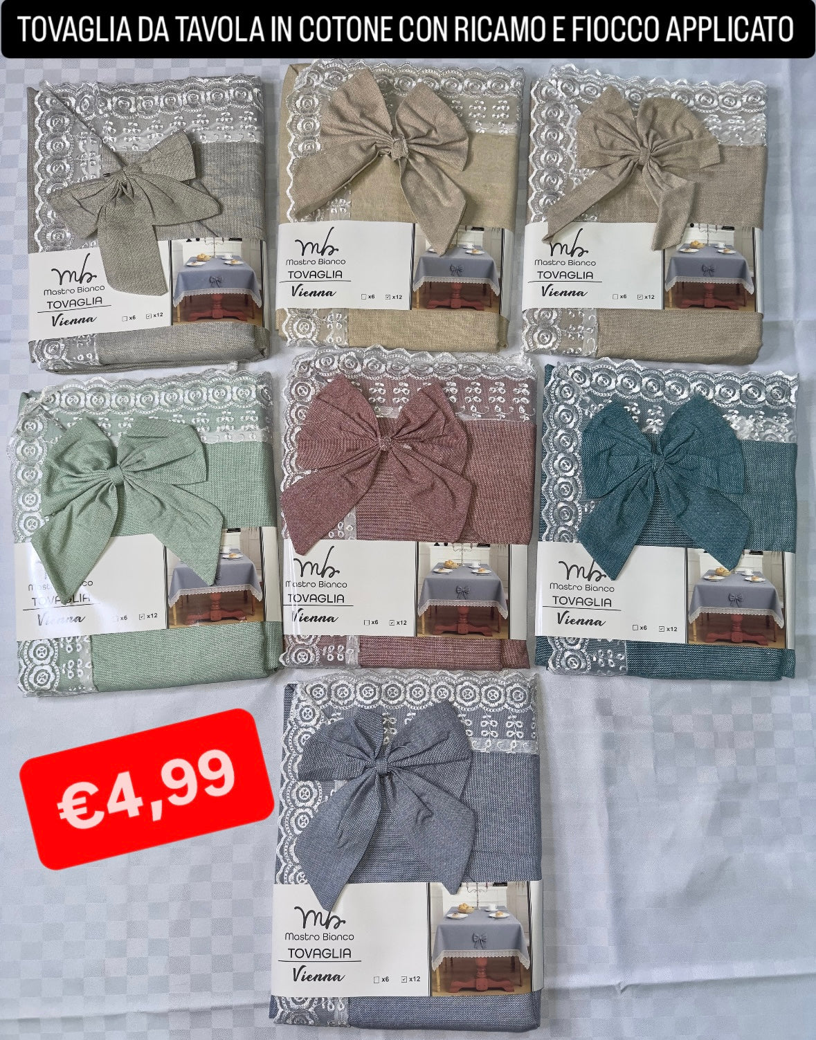 TOVAGLIA DA TAVOLA IN COTONE CON RICAMO E FIOCCO APPLICATO X12 Persone (140x240cm)