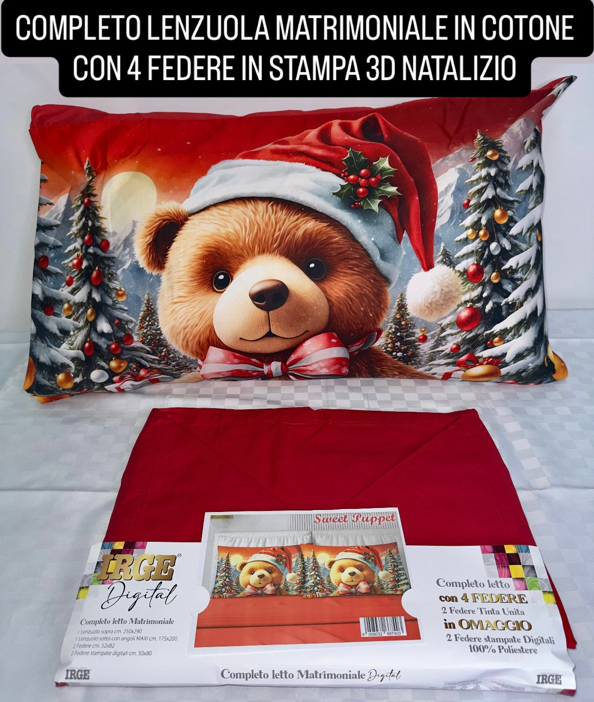 COMPLETO LENZUOLA MATRIMONIALE IN COTONE, LENZUOLO SOPRA, LENZUOLO SOTTO E 4 FEDERE IN STAMPA 3D