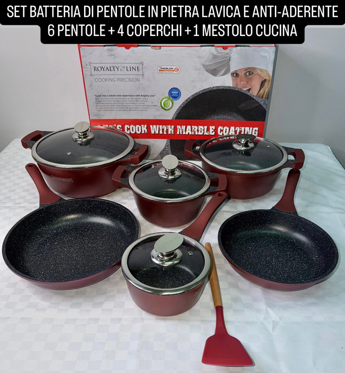 SET BATTERIA DI PENTOLE ROYALTY LINE IN PIETRA LAVICA E ANTI-ADERENTE contiene 6 PENTOLE ,4 COPERCHI e 1 MESTOLO DA CUCINA