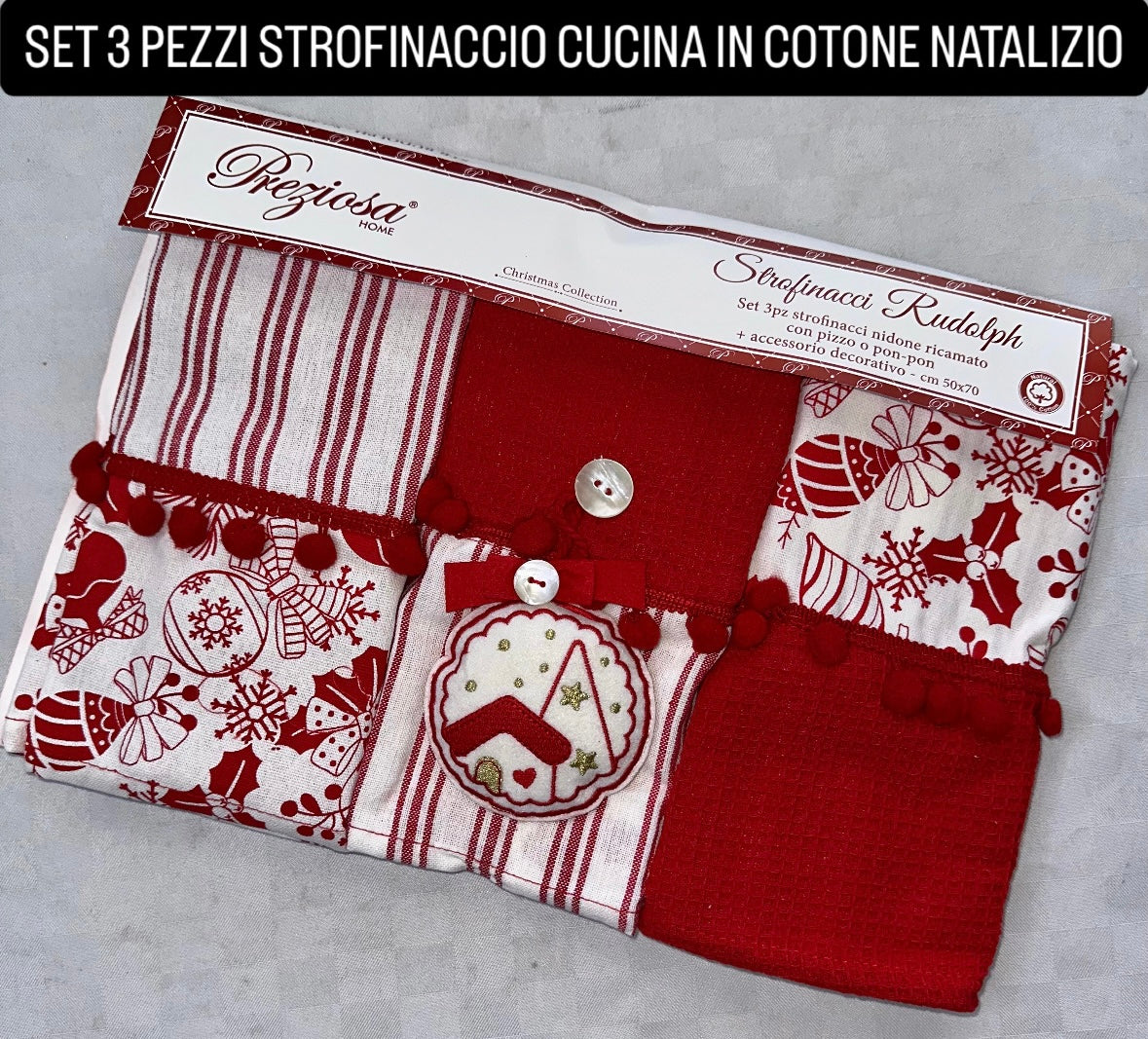 SET 3 PEZZI STROFINACCI CUCINA IN COTONE NATALIZIO
