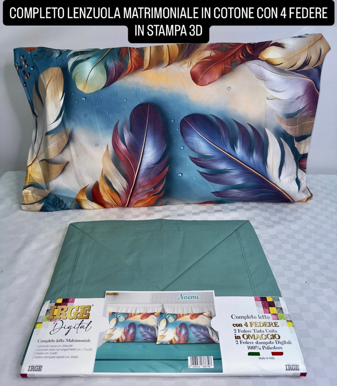 COMPLETO LENZUOLA MATRIMONIALE IN COTONE, LENZUOLO SOPRA, LENZUOLO SOTTO E 4 FEDERE IN STAMPA 3D