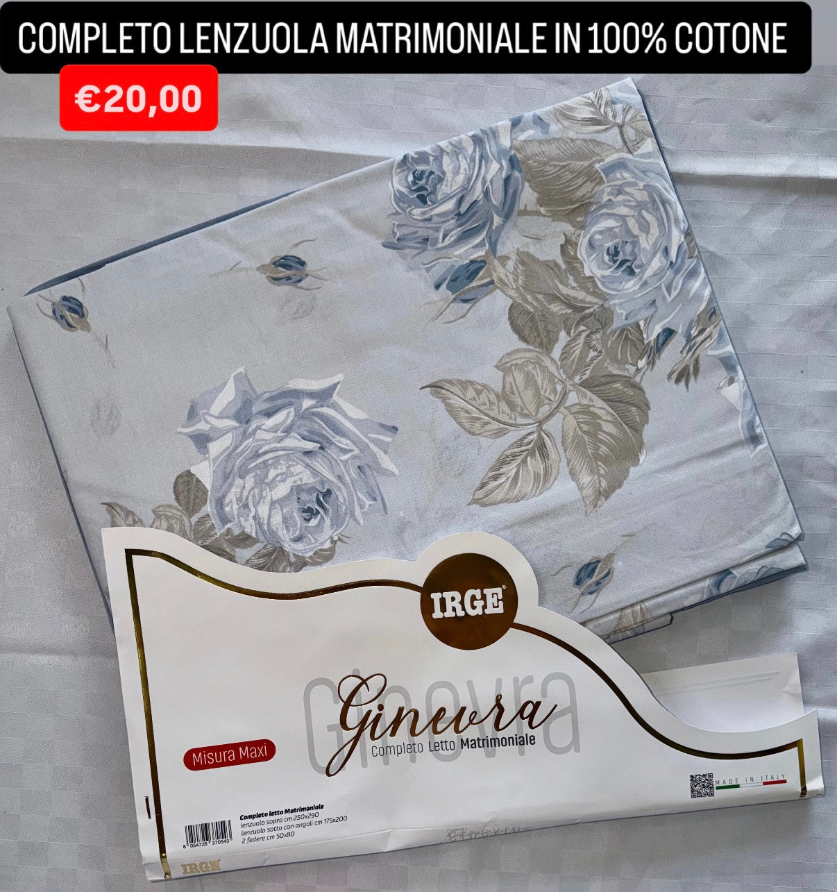 COMPLETO LENZUOLA MATRIMONIALE IN 100% COTONE , contiene Lenzuolo sopra, Lenzuolo sotto con angoli e due Federe