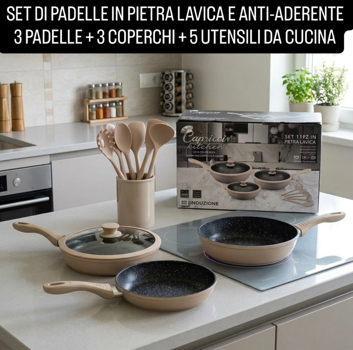 SET DI PADELLE IN PIETRA LAVICA E ANTI-ADERENTE contiene 3 PADELLE , 3 COPERCHI e 5 UTENSILI CUCINA