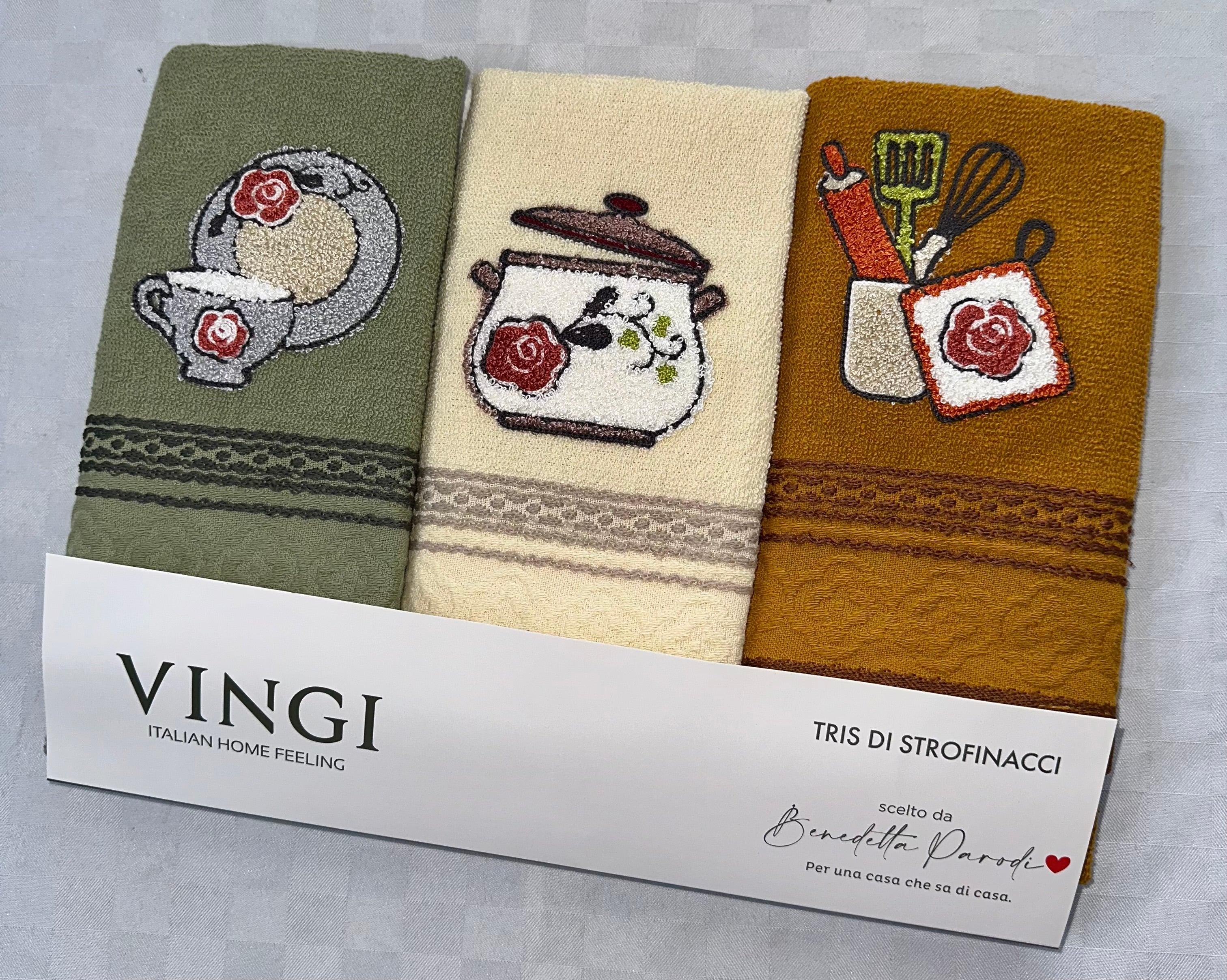 SET 3 PEZZI STROFINACCI CUCINA IN SPUGNA VINGI CON RICAMO