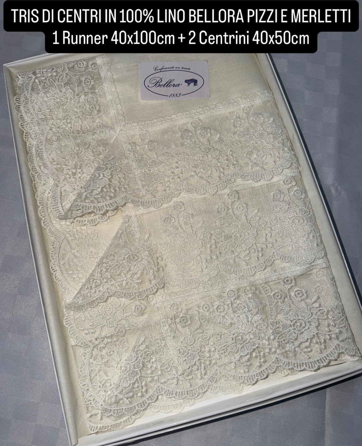 TRIS DI CENTRI IN 100% LINO BELLORA PIZZI E MERLETTI contiene 1 Runner 40x100cm + 2 Centrini 40x50cm