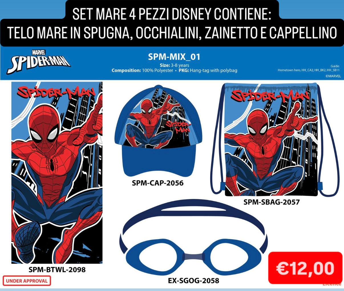 SET MARE BIMBO/A 4 PEZZI contiene Telo mare in spugna, Occhialini, Zainetto e Capellino