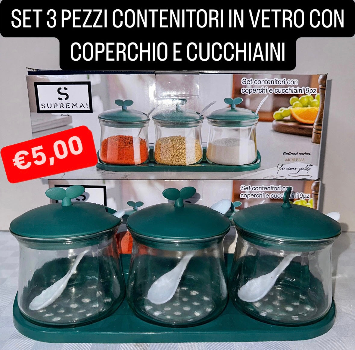 CONTENITORE IN VETRO SET DA 3 PEZZI CON COPERCHI E CUCCHIANI