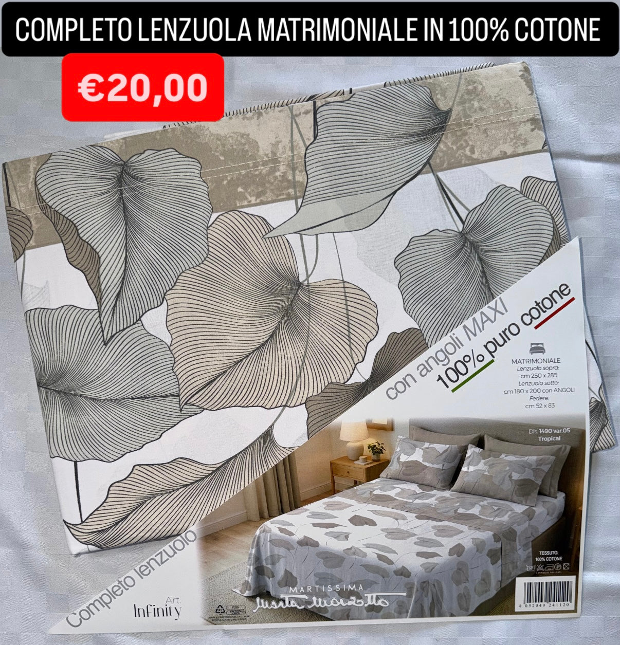 COMPLETO LENZUOLA MATRIMONIALE IN 100% COTONE , contiene Lenzuolo sopra, Lenzuolo sotto con angoli e due Federe