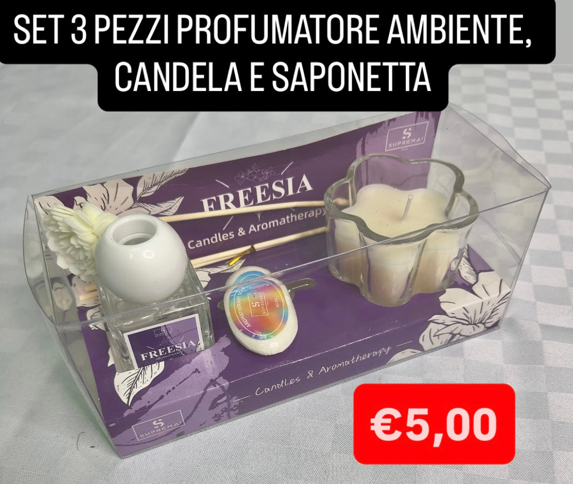 SET 3PEZZI PROFUMATORE AMBIENTE,CANDELA E SAPONETTA