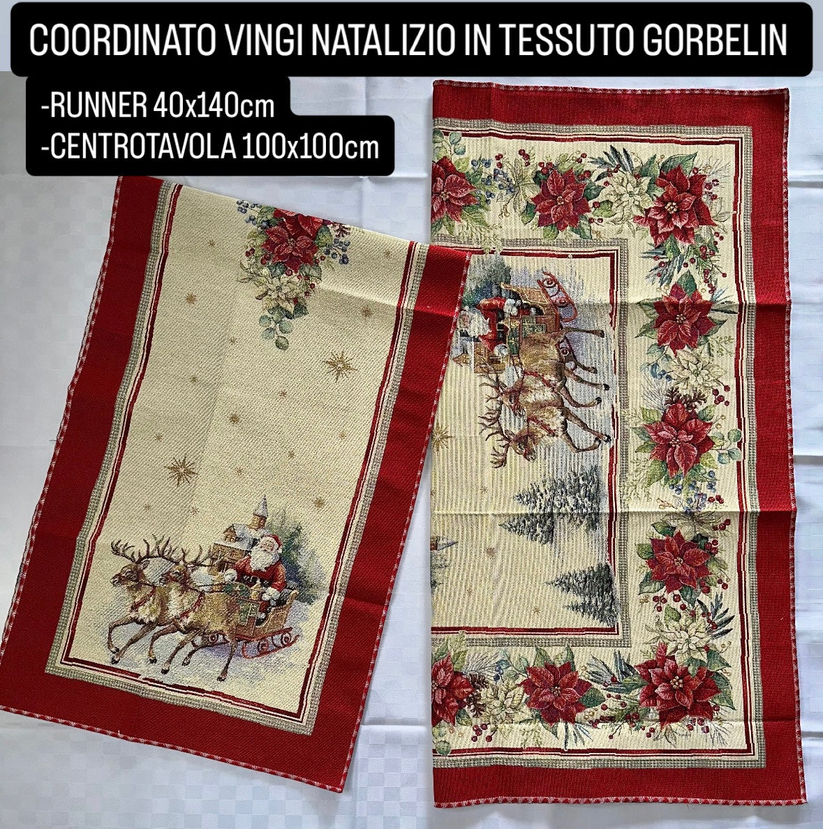 COORDINATO VINGI NATALIZIO IN TESSUTO GORBELIN disponibile Runner 40x140cm e Centrotavola 100x100cm art.Slitta