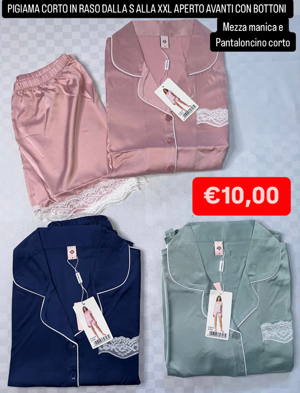 PIGIAMA DONNA IN RASO CORTO APERTO AVANTI CON BOTTONI MEZZA MANICA E PANTALONCINO.
