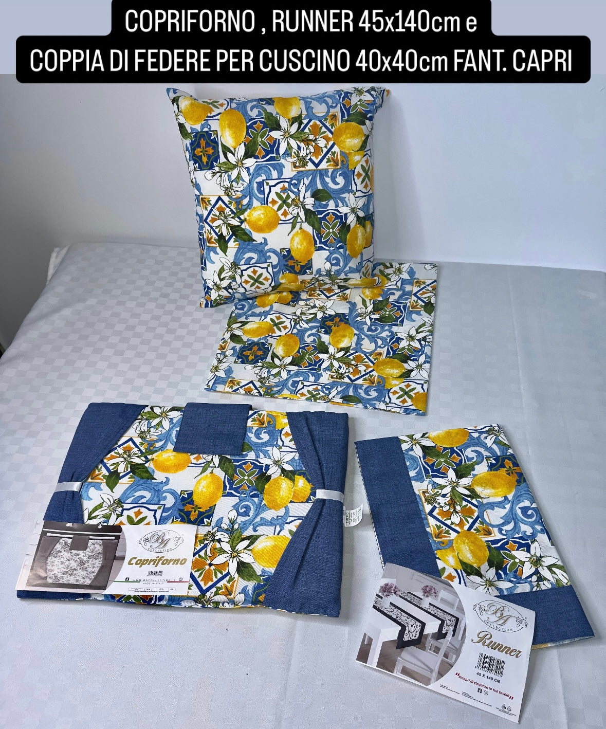 COPRIFORNO , RUNNER 45x140cm e FEDERE PER CUSCINO 40x40cm (2 PEZZI) FANT. CAPRI