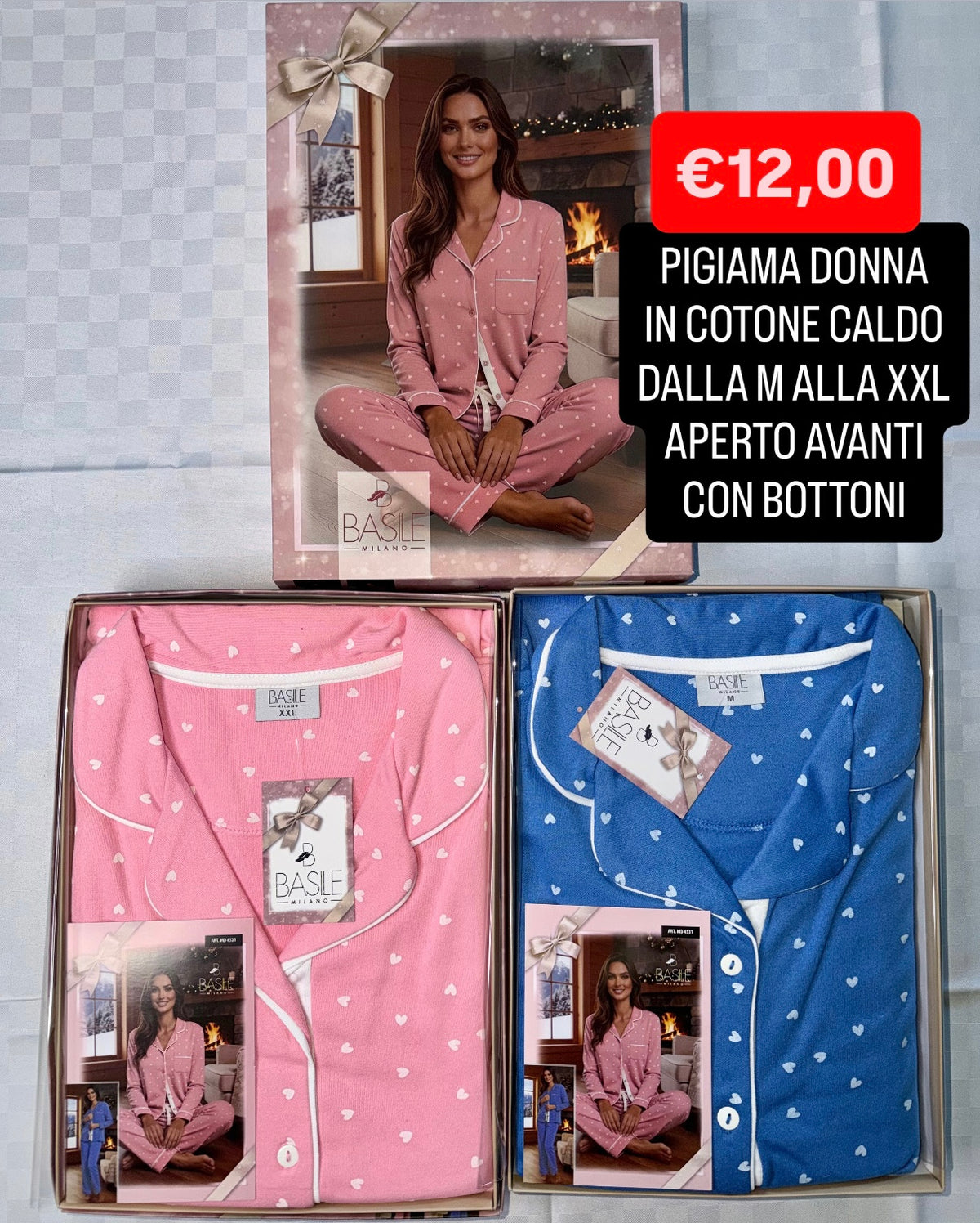 PIGIAMA DONNA IN COTONE CALDO Manica lunga e Pantalone lungo, aperto avanti con bottoni