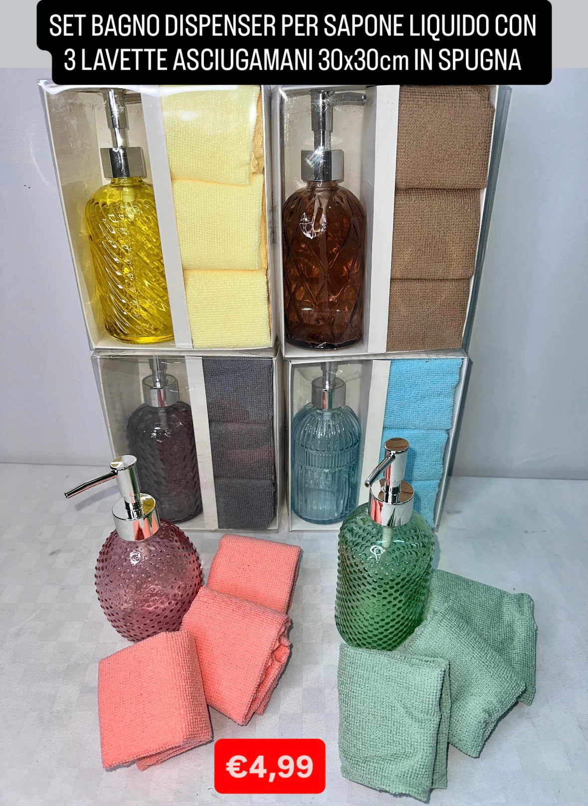 DISPENSER PER SAPONE CON 3 LAVETTE ASCIUGAMANI 30x30cm IN SPUGNA