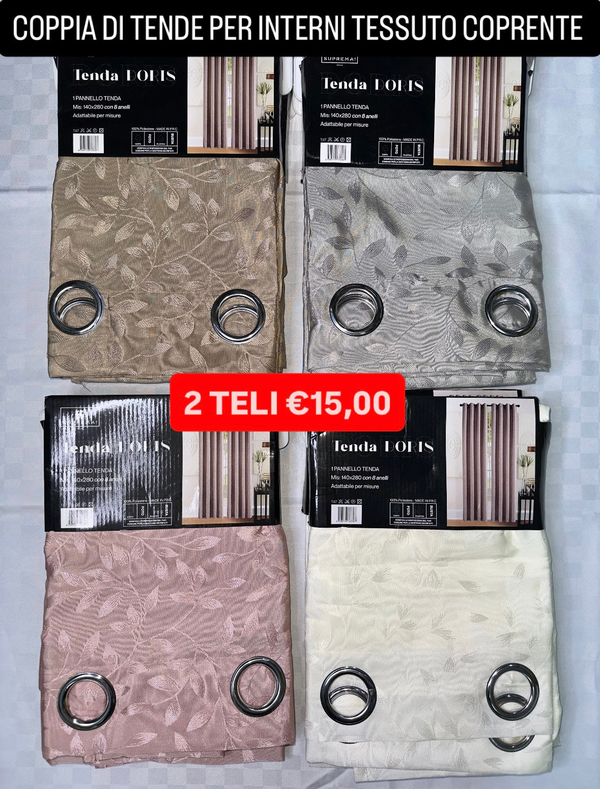 COPPIA DI TENDE PER INTERNI TESSUTO COPRENTE CONFEZIONE DA 2 TELI (OGNI TELO MISURA 140x280cm)art.Doris