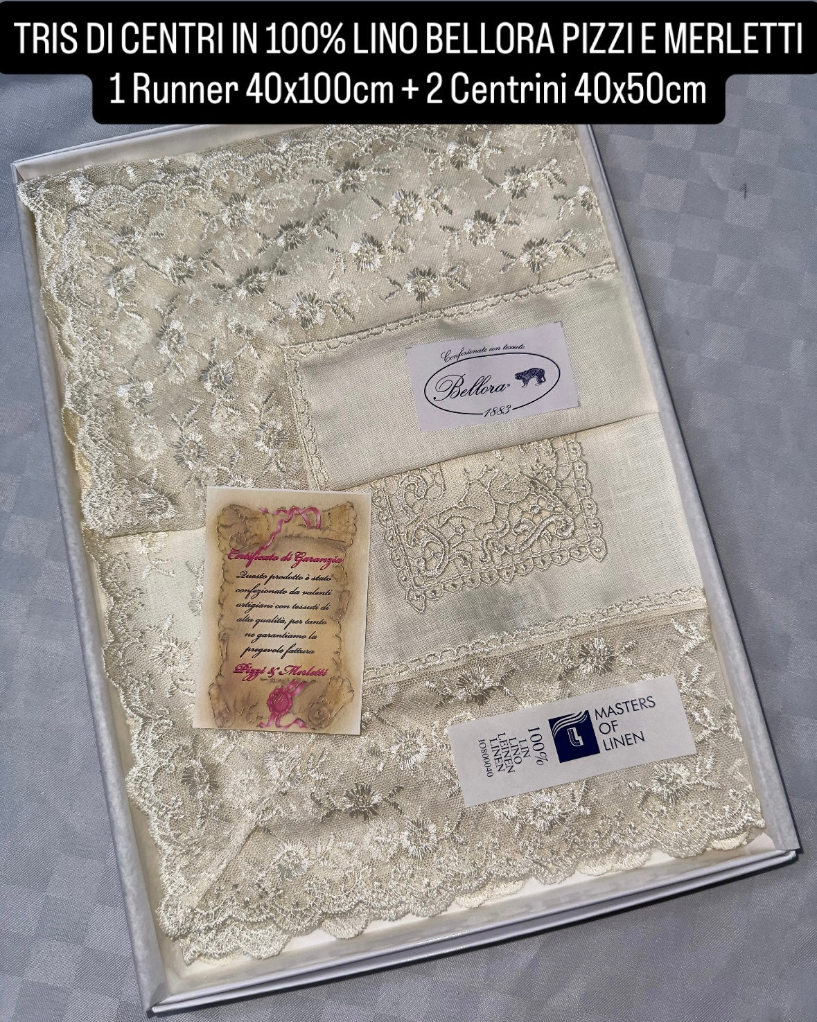 TRIS DI CENTRI IN 100% LINO BELLORA PIZZI E MERLETTI 1 Runner 40x100cm + 2 Centrini 40x50cm