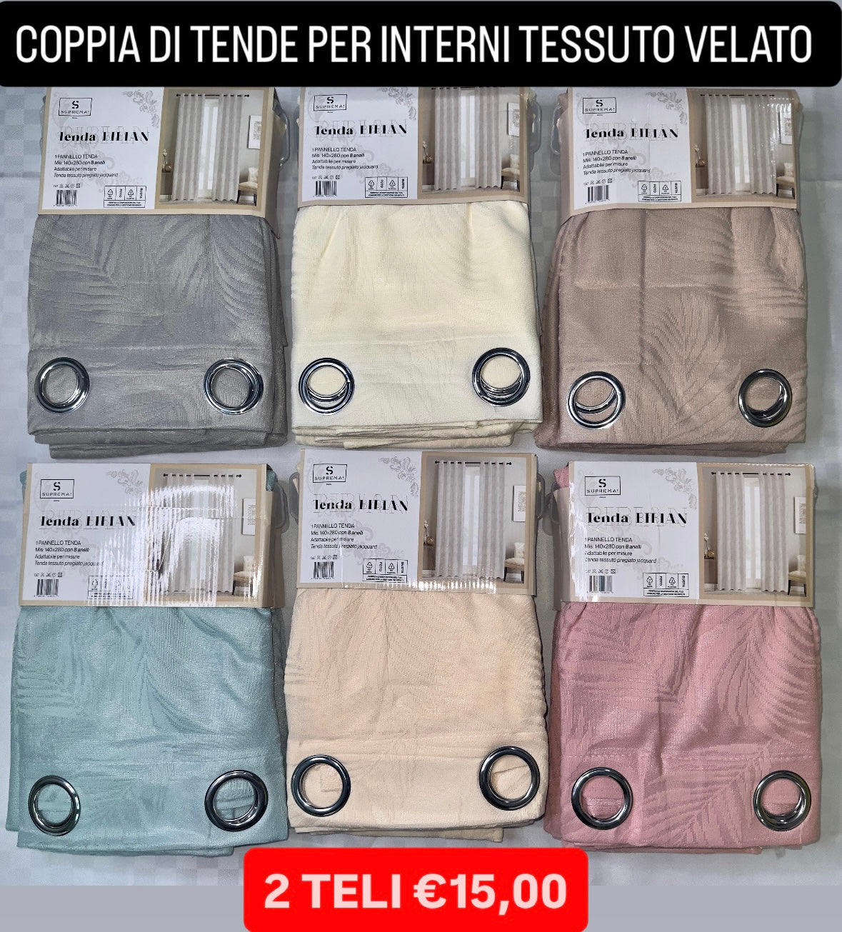 COPPIA DI TENDE PER INTERNI VELATE CONFEZIONE DA 2 TELI (OGNI TELO MISURA 140x280cm)art. Bibian