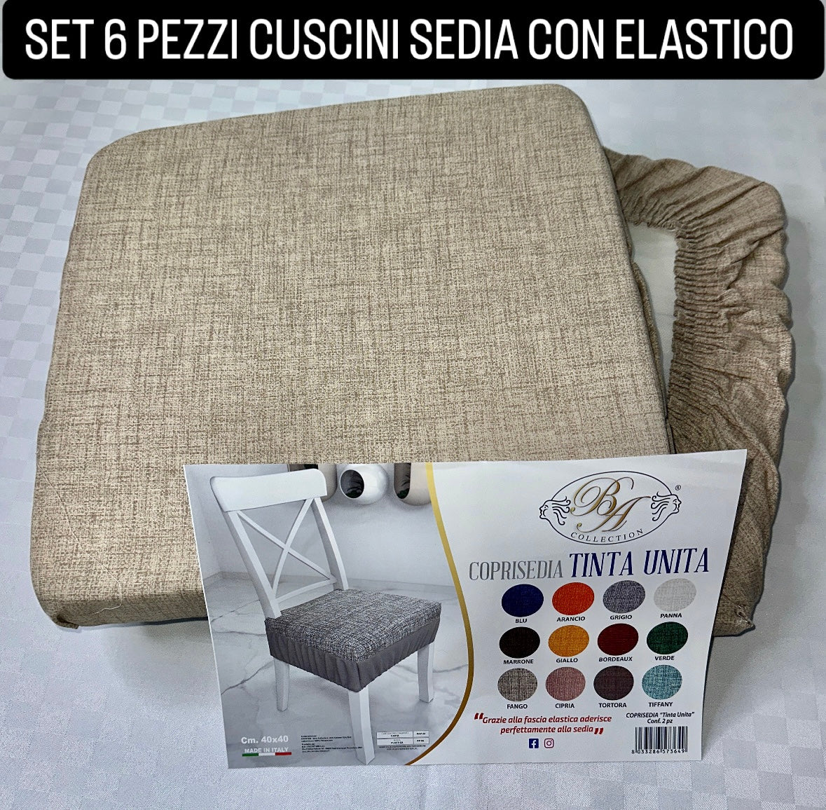SET 6 PEZZI DI CUSCINI PER LA SEDIA CON ELASTICO 40x40cm (Sfoderabili e Lavabili)
