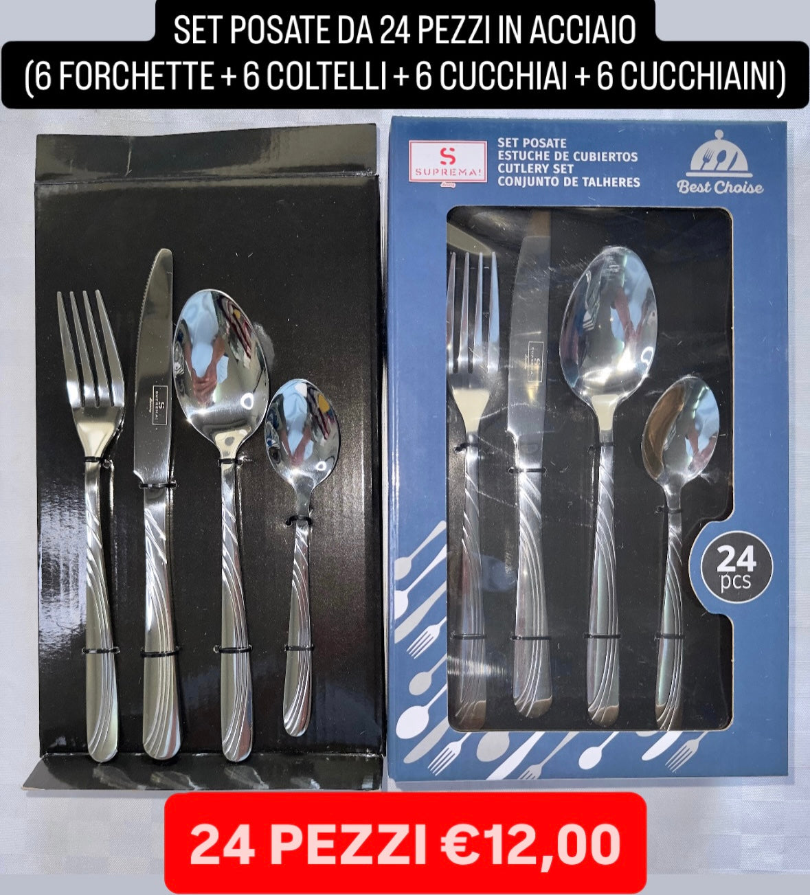 SET POSATE DA 24 PEZZI IN ACCIAIO contiene 6 FORCHETTE + 6 COLTELLI + 6 CUCCHIAI + 6 CUCCHIAINI