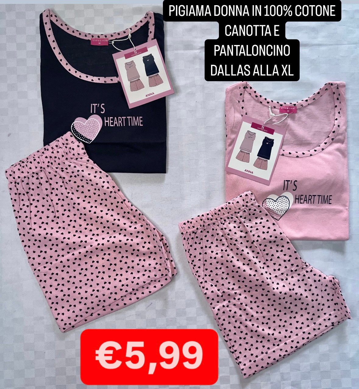PIGIAMA DONNA IN 100% COTONE CANOTTA E PANTALONCINO