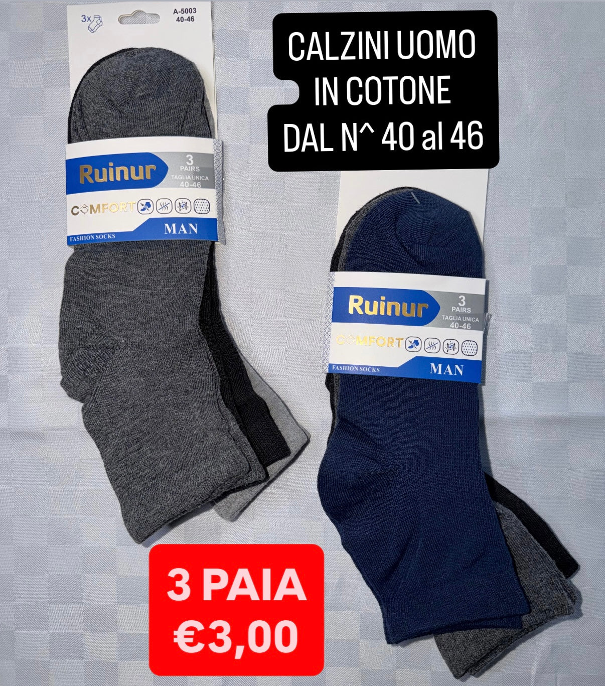 CALZINO UOMO IN COTONE CONFEZIONE DA 3 PAIA dal numero 40 al 46 (COLORE CASUALE)