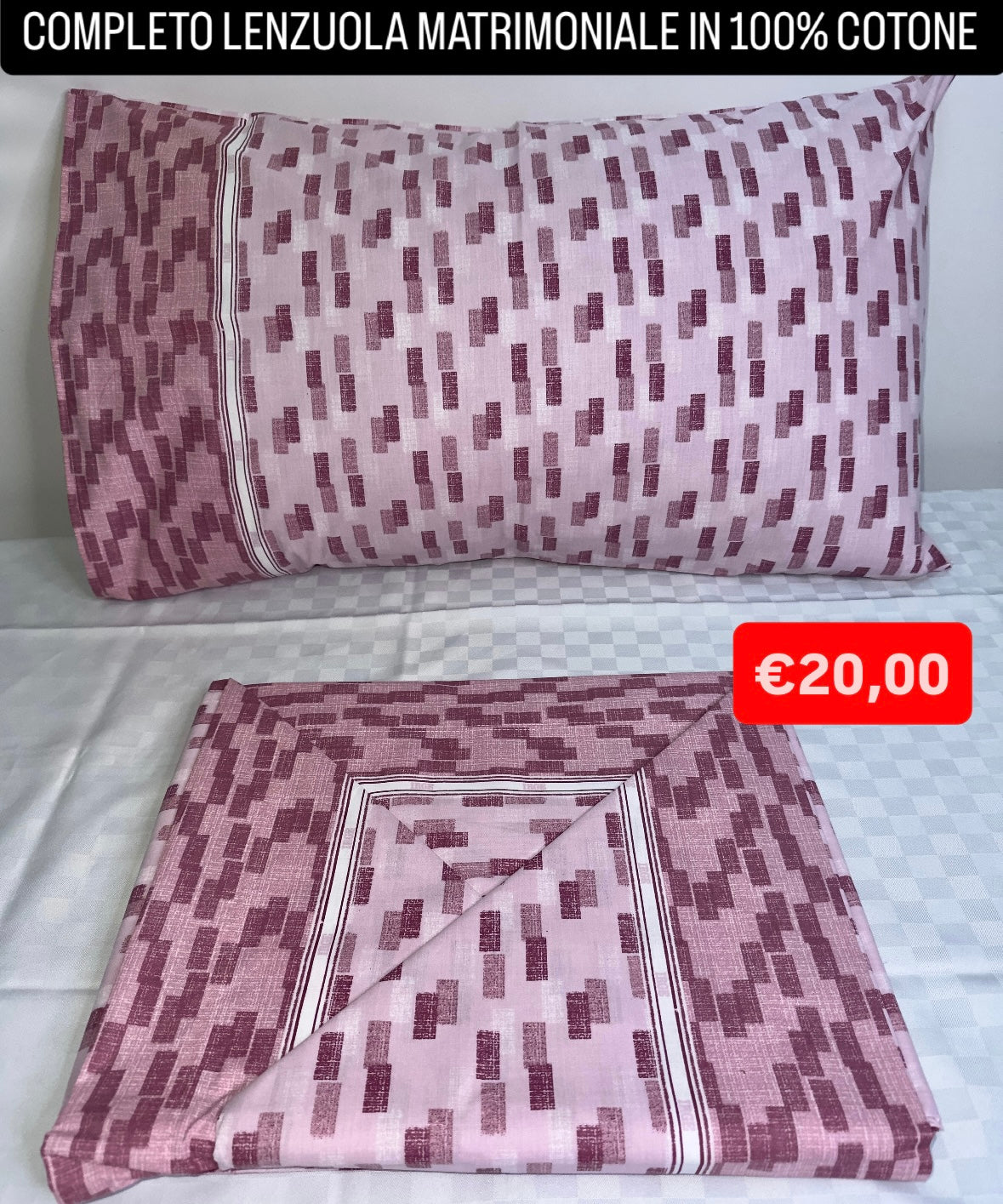 COMPLETO LENZUOLA MATRIMONIALE IN 100% COTONE Lenzuolo sopra, Lenzuolo sotto con angoli e due Federe