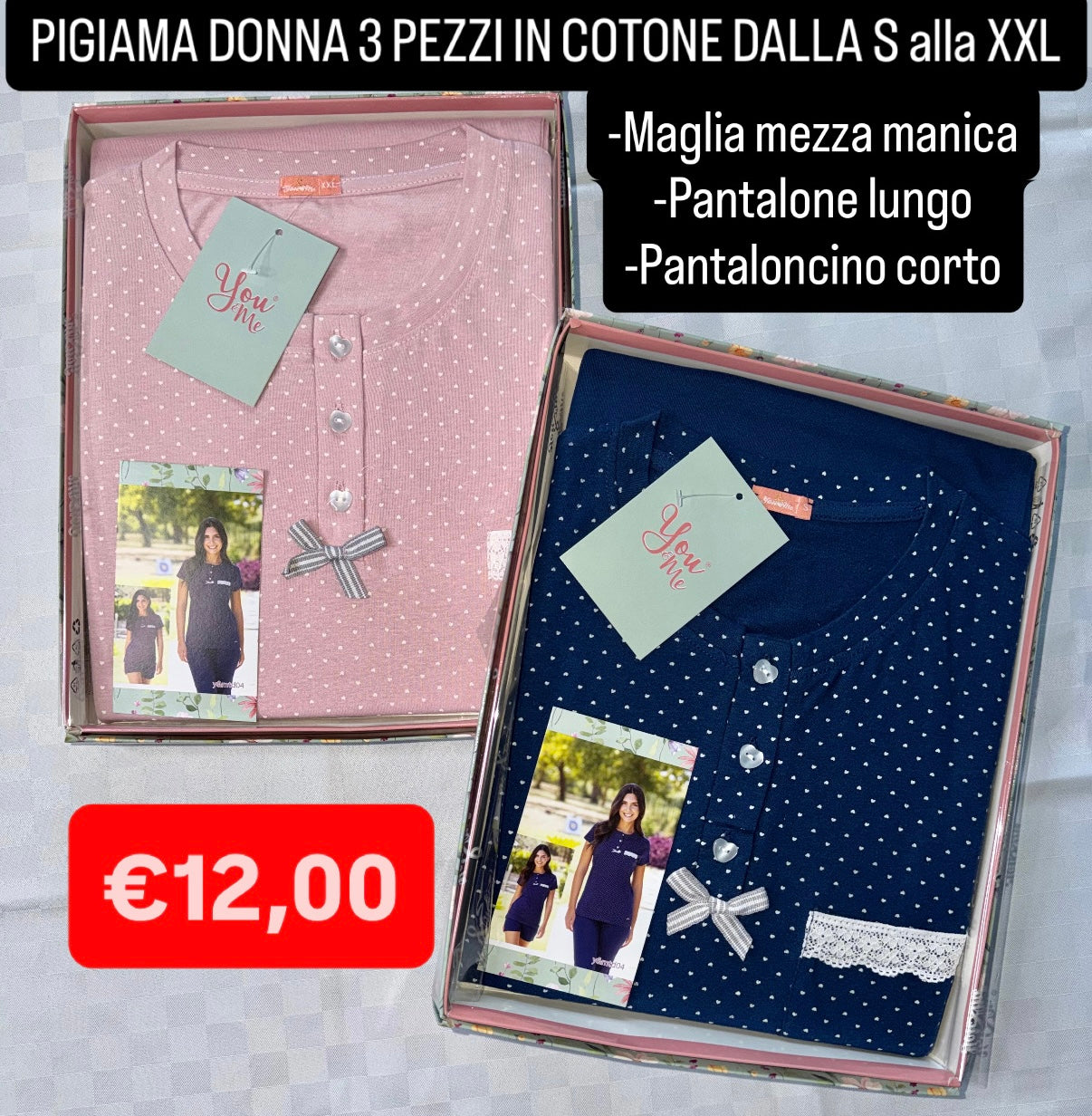 PIGIAMA DONNA 3 PEZZI IN 100% COTONE contiene Maglia mezza manica, Pantalone lungo e Pantaloncino corto