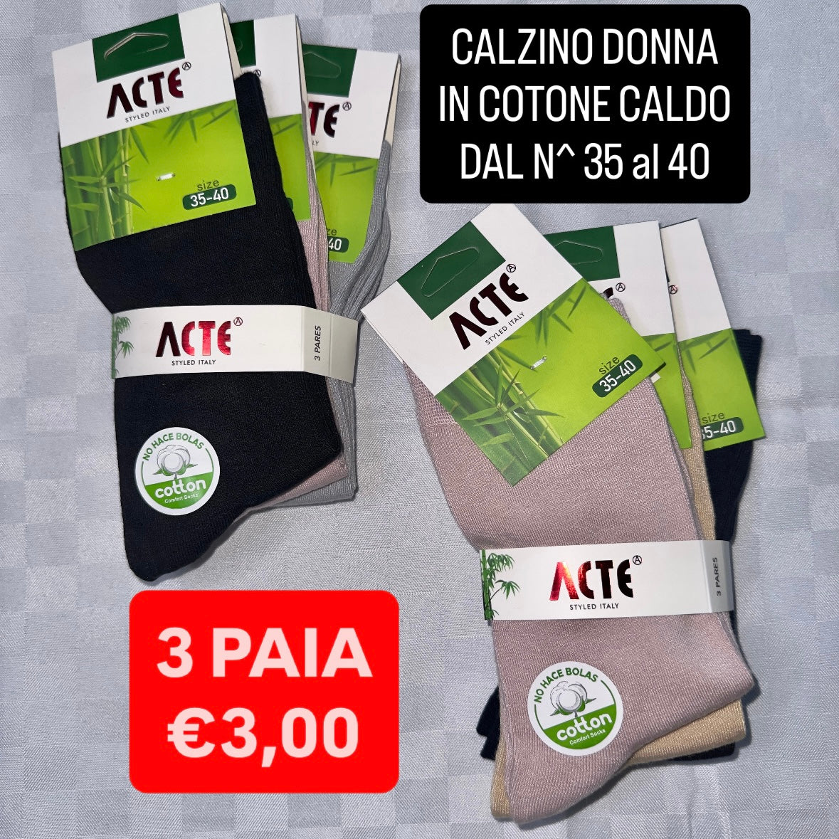 CALZINI DONNA SET DA 3 PAIA IN COTONE CALDO DAL NUMERO 35 al 40 (COLORE CASUALE)