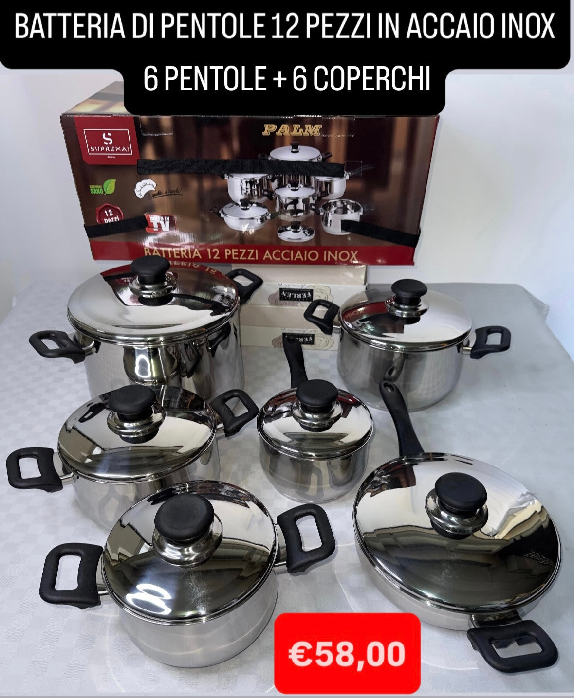 SET BATTERIA DI PENTOLE IN ACCIAO INOX 12 PEZZI (6 PENTOLE e 6 COPERCHI)