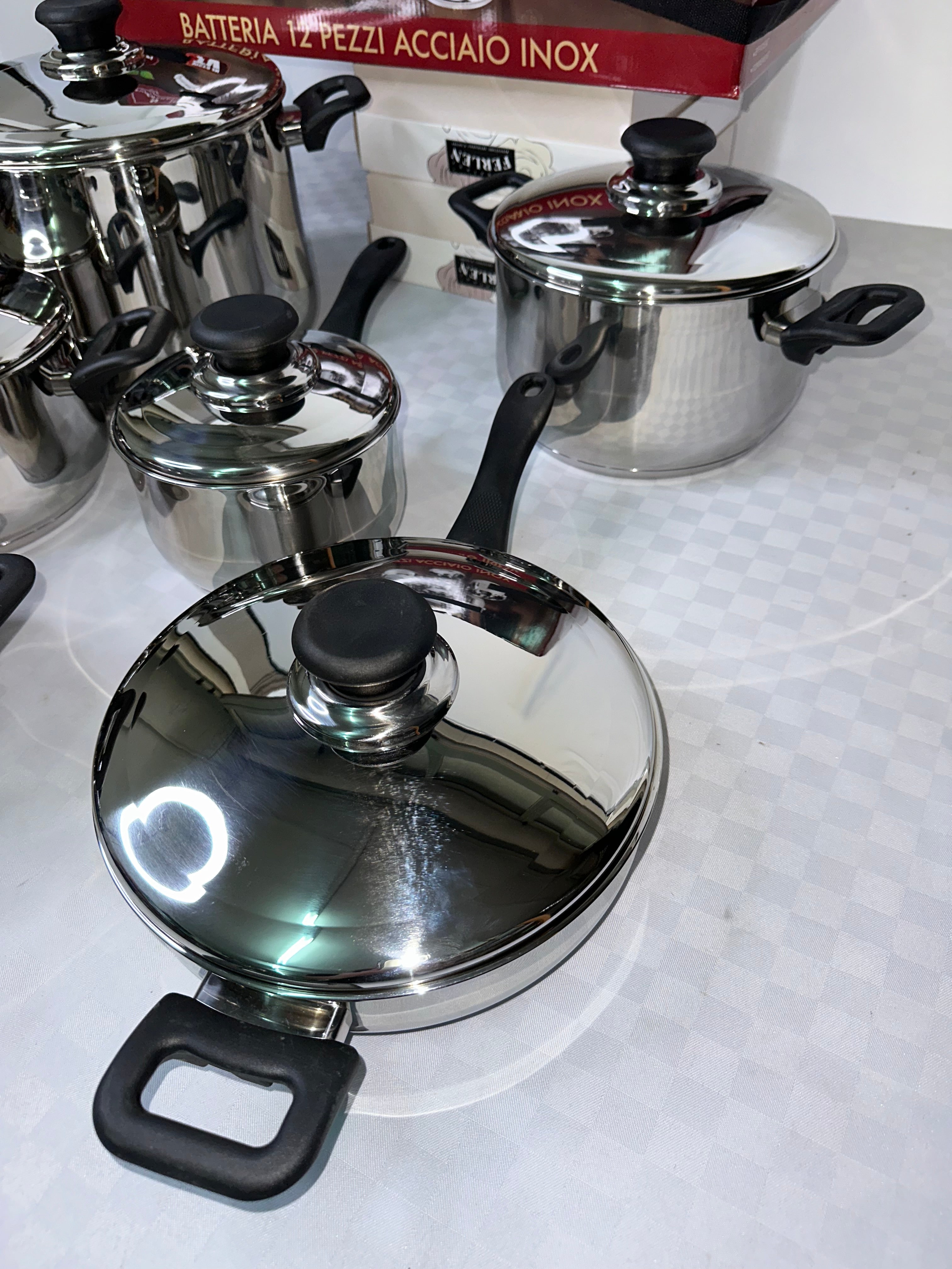 SET BATTERIA DI PENTOLE IN ACCIAO INOX 12 PEZZI (6 PENTOLE e 6 COPERCHI)