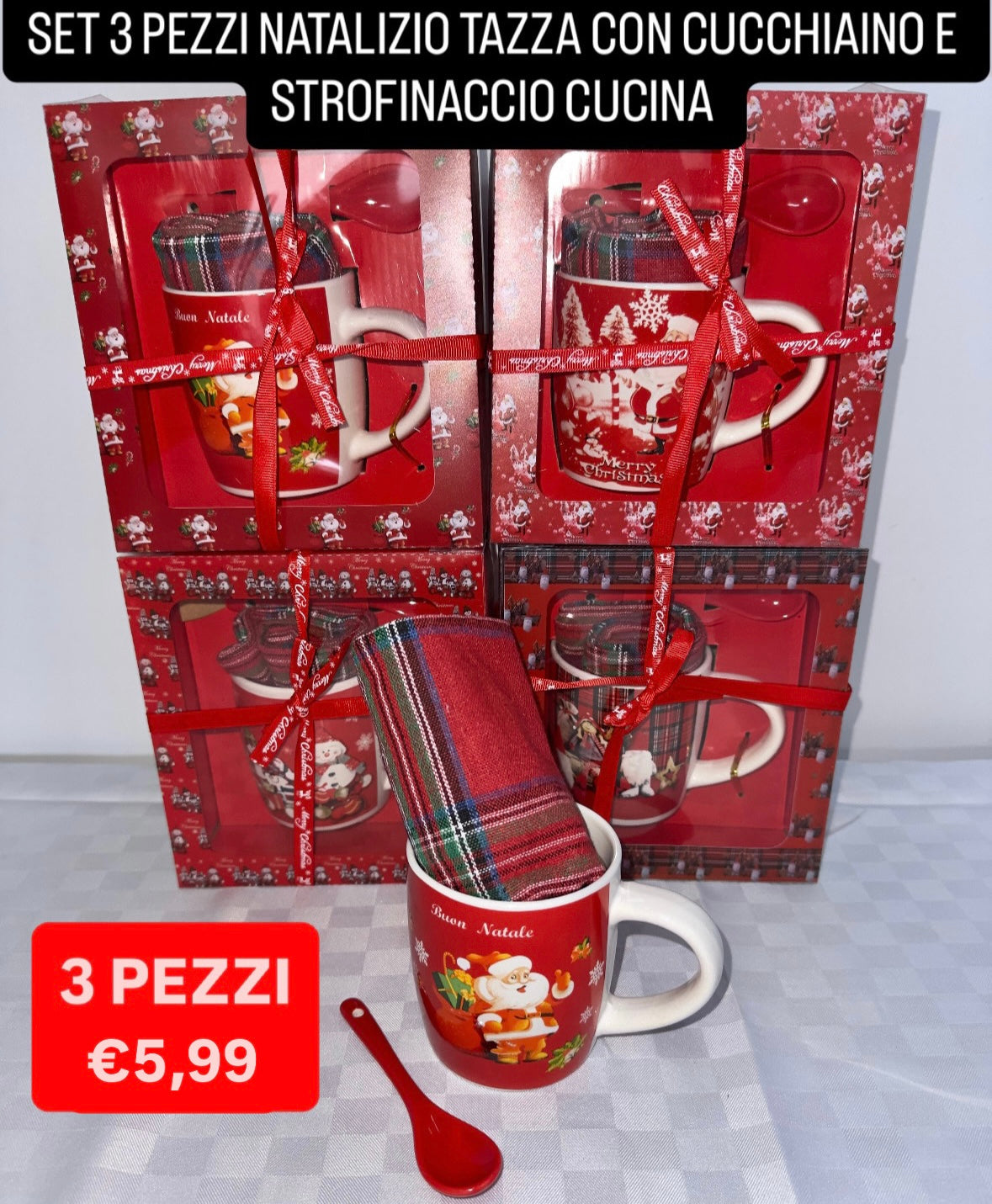 SET 3 PEZZI NATALIZIO contiene TAZZA , CUCCHIAINO E STROFINACCIO CUCINA IN COTONE (Fantasia Casuale)