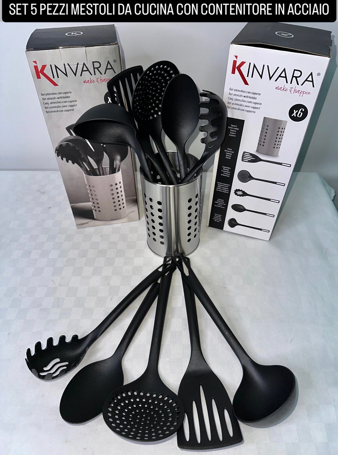 MESTOLI DA CUCINA 5 PEZZI CON CONTENITORE IN ACCIAIO