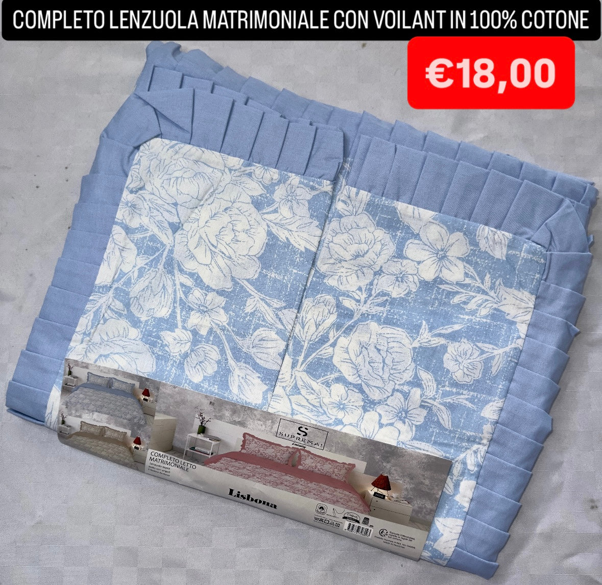 COMPLETO LENZUOLA MATRIMONIALE CON VOILANT IN 100% COTONE Lenzuolo sopra, Lenzuolo sotto con angoli e Due Federe