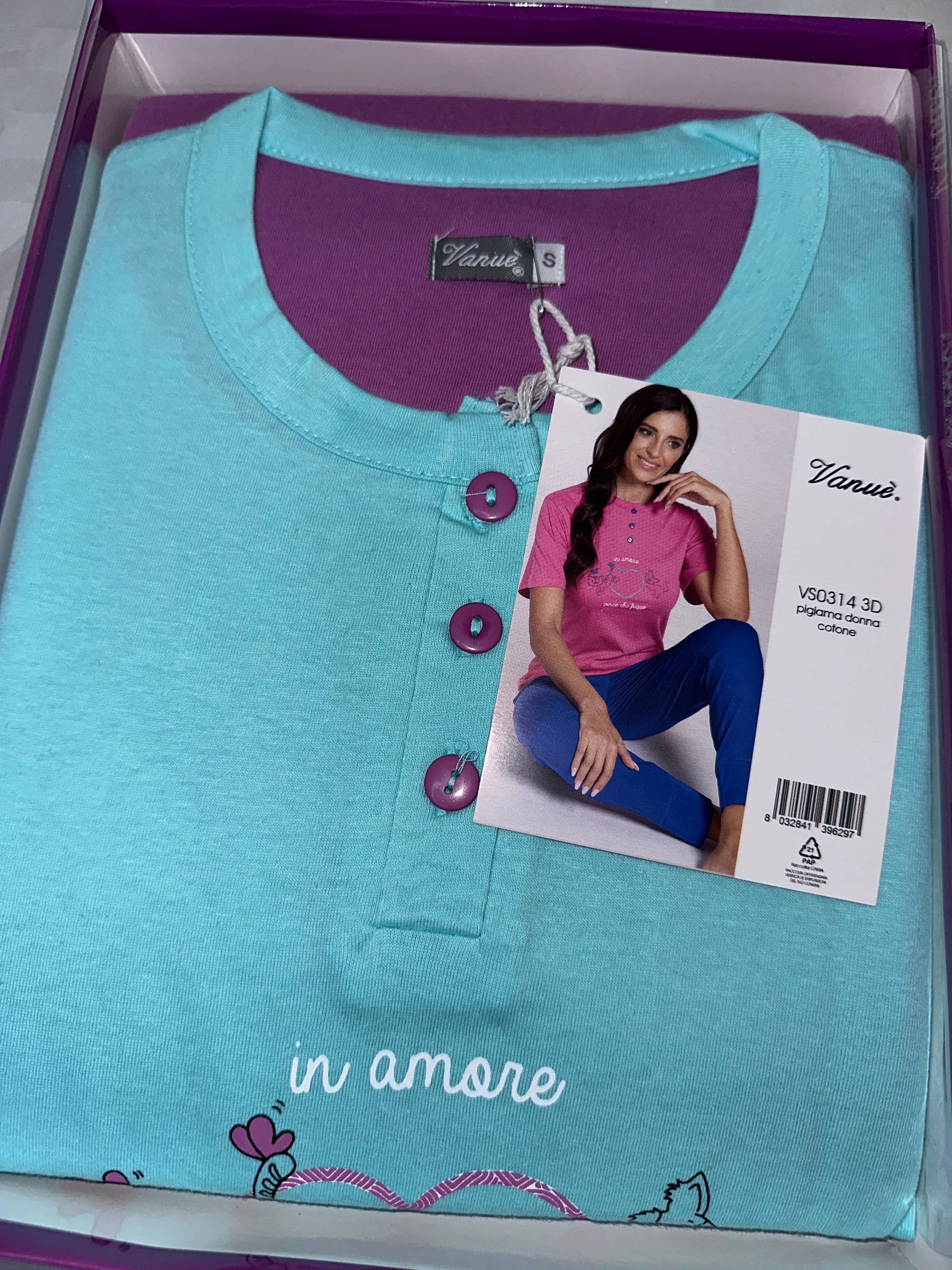 PIGIAMA DONNA 3 PEZZI IN 100% COTONE Maglia mezza manica, Pantalone lungo e Pantaloncino corto