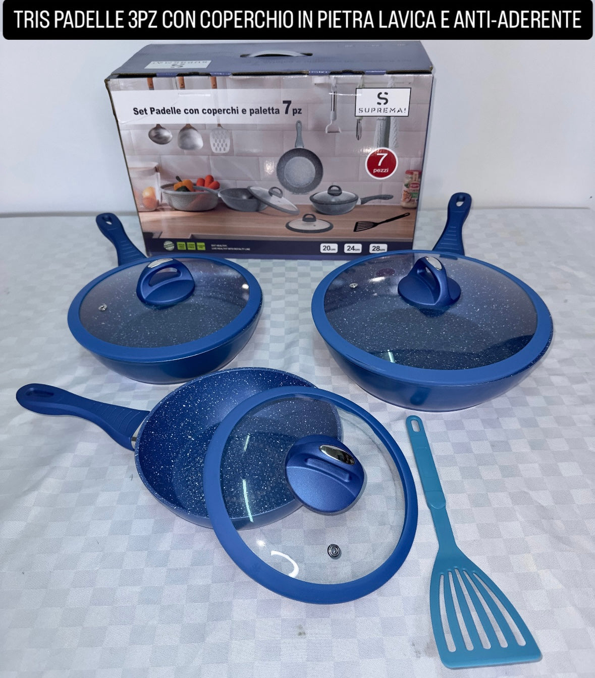 TRIS PADELLE 3 PEZZI CON COPERCHIO IN PIETRA LAVICA E ANTI-ADERENTE