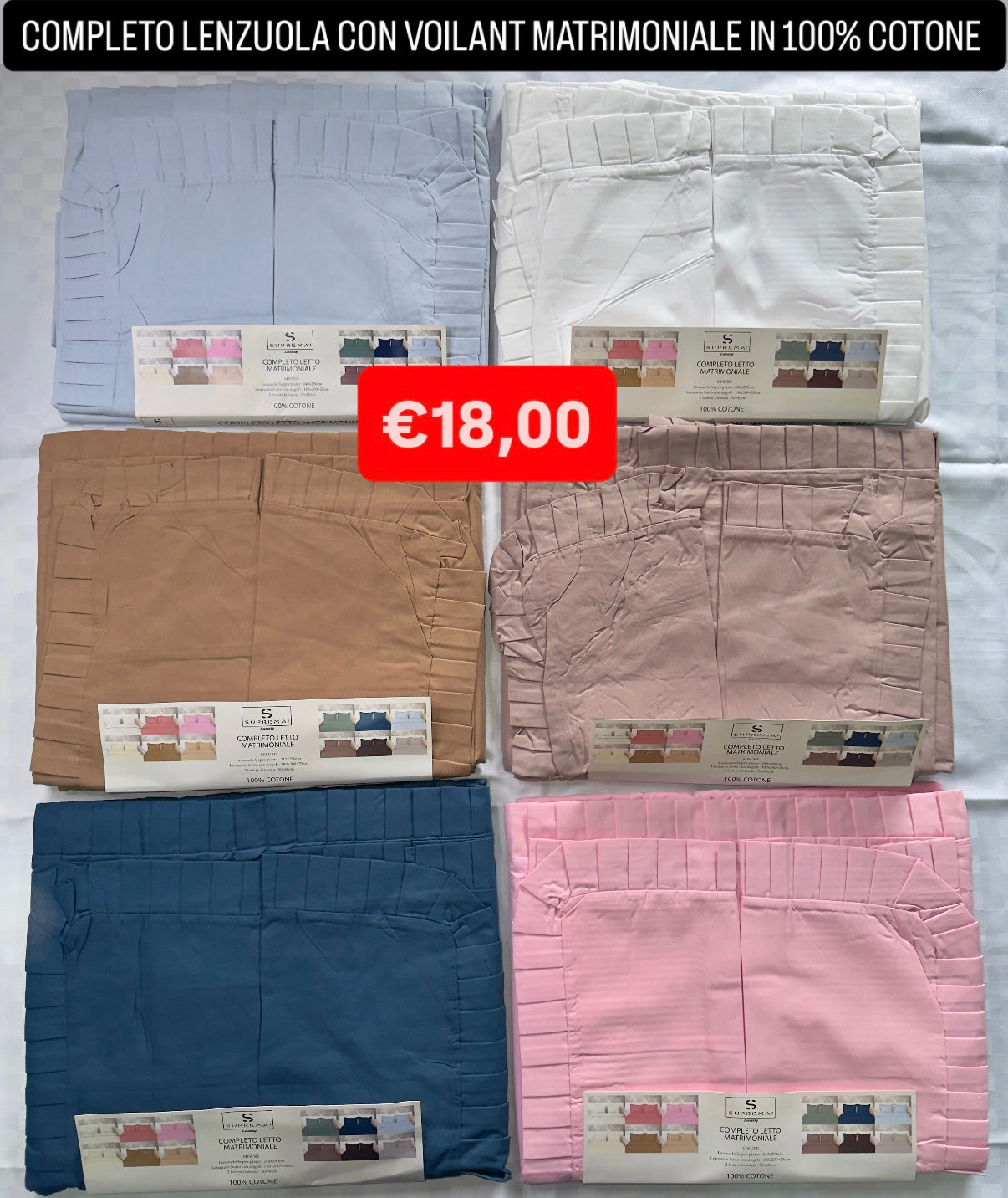 COMPLETO LENZUOLA MATRIMONIALE CON VOILANT IN 100% COTONE contiene Lenzuolo sopra, Lenzuolo sotto con angoli e Due Federe
