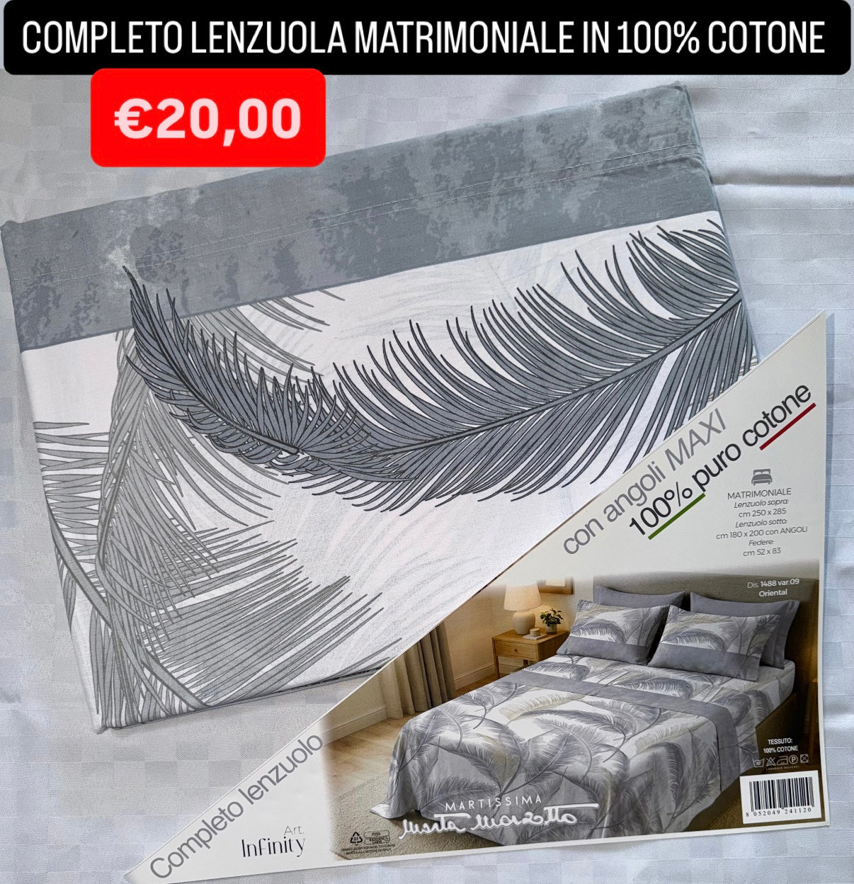 COMPLETO LENZUOLA MATRIMONIALE IN 100% COTONE , contiene Lenzuolo sopra, Lenzuolo sotto con angoli e due Federe