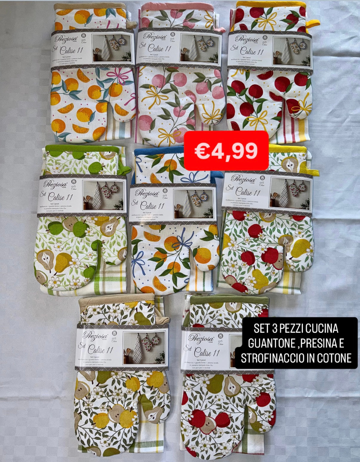 SET CUCINA 3 PEZZI contiene GUANTONE, PRESINA E STROFINACCIO IN COTONE