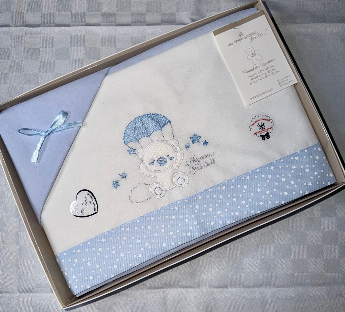 COMPOSE LENZUOLA NEONATO PER CULLA IN 100% COTONE Lenzuolo sopra 120x180cm , Lenzuolo sotto con angoli 140x70cm e Federa 40x55cm
