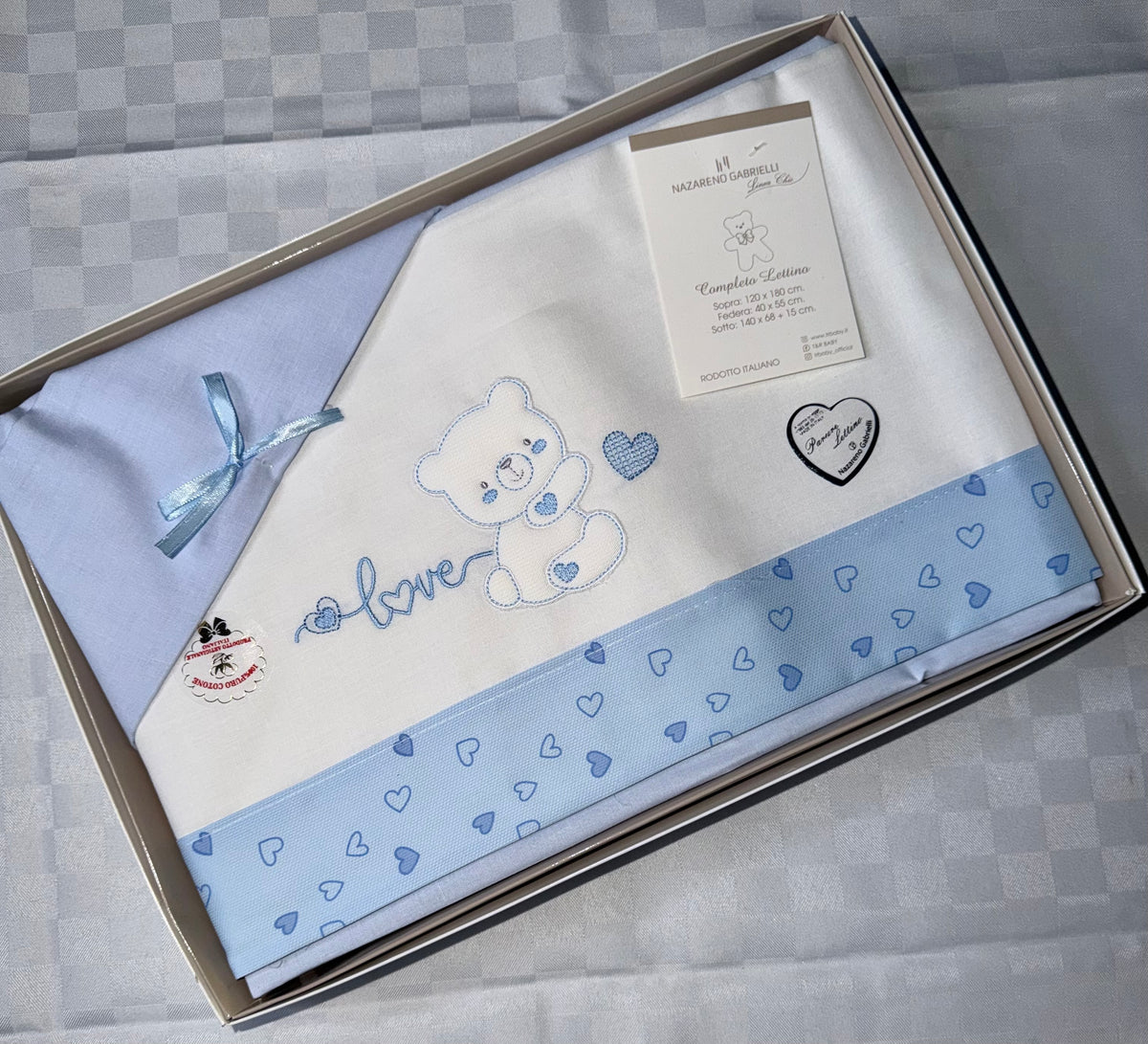 COMPOSE LENZUOLA NEONATO PER CULLA IN 100% COTONE Lenzuolo sopra 120x180cm , Lenzuolo sotto con angoli 140x70cm e Federa 40x55cm