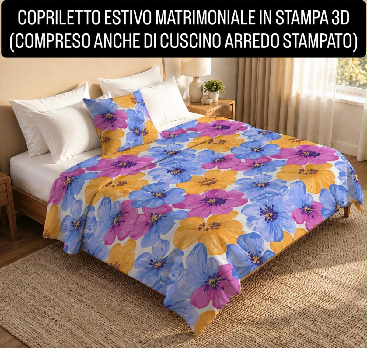COPRILETTO ESTIVO MATRIMONIALE IN STAMPA 3D compreso anche di cuscino arredo stampato Misura 260x270cm