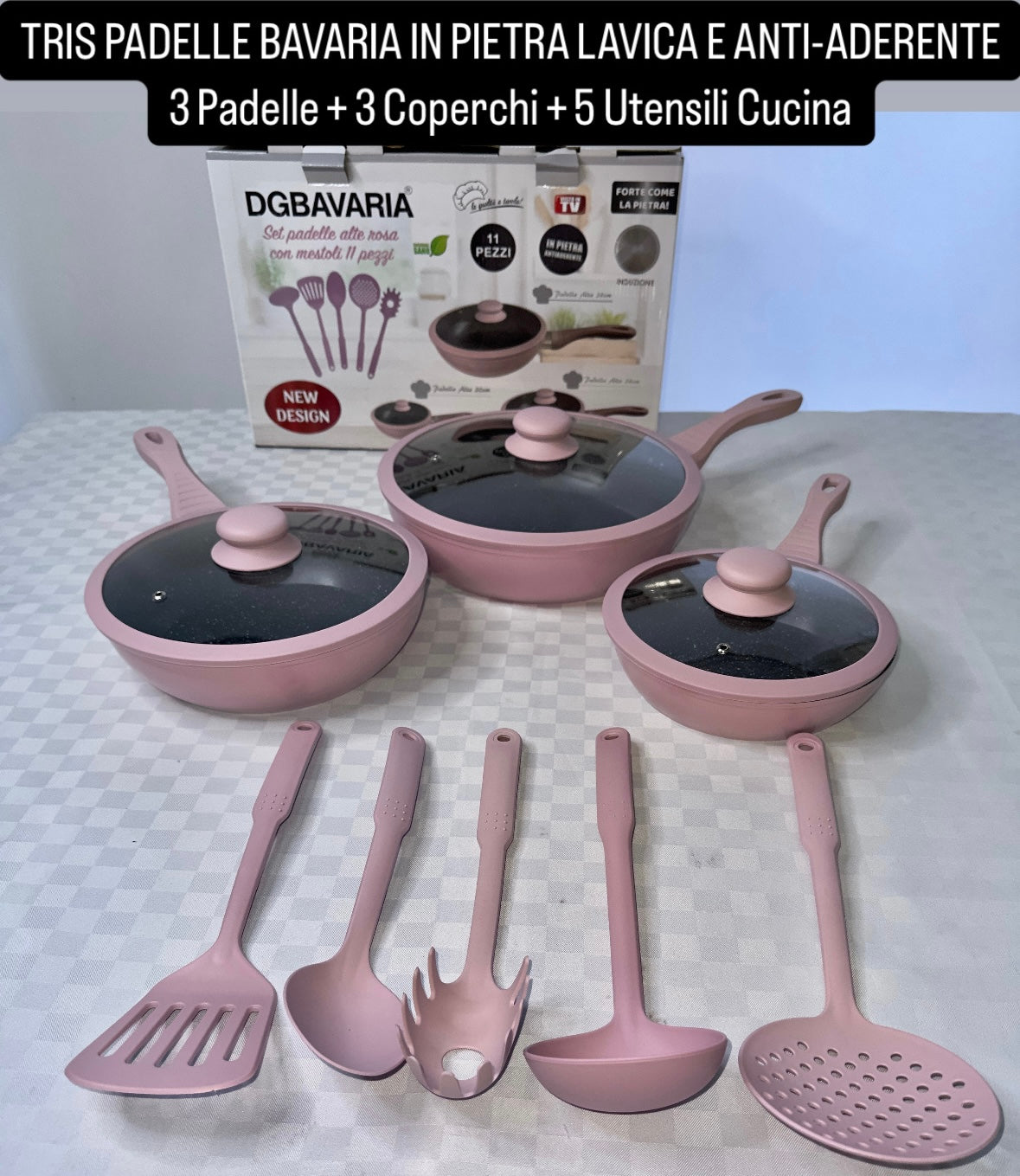 SET PADELLE BAVARIA IN PIETRA LAVICA E ANTI-ADERENTE 3 PADELLE , 3 COPERCHI e 1 UTENSILE CUCINA