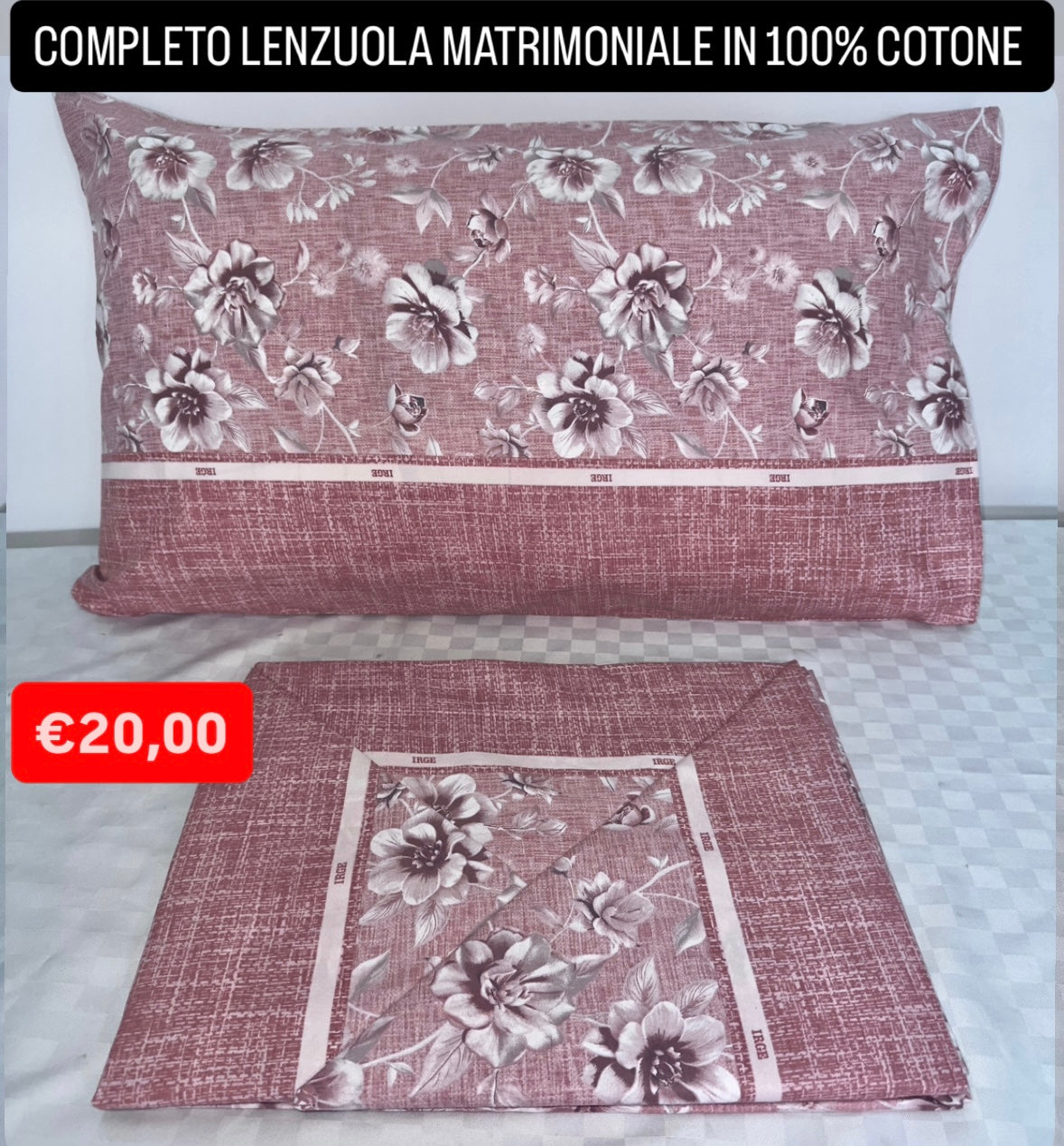 COMPLETO LENZUOLA MATRIMONIALE IN 100% COTONE Lenzuolo sopra, Lenzuolo sotto con angoli e due Federe