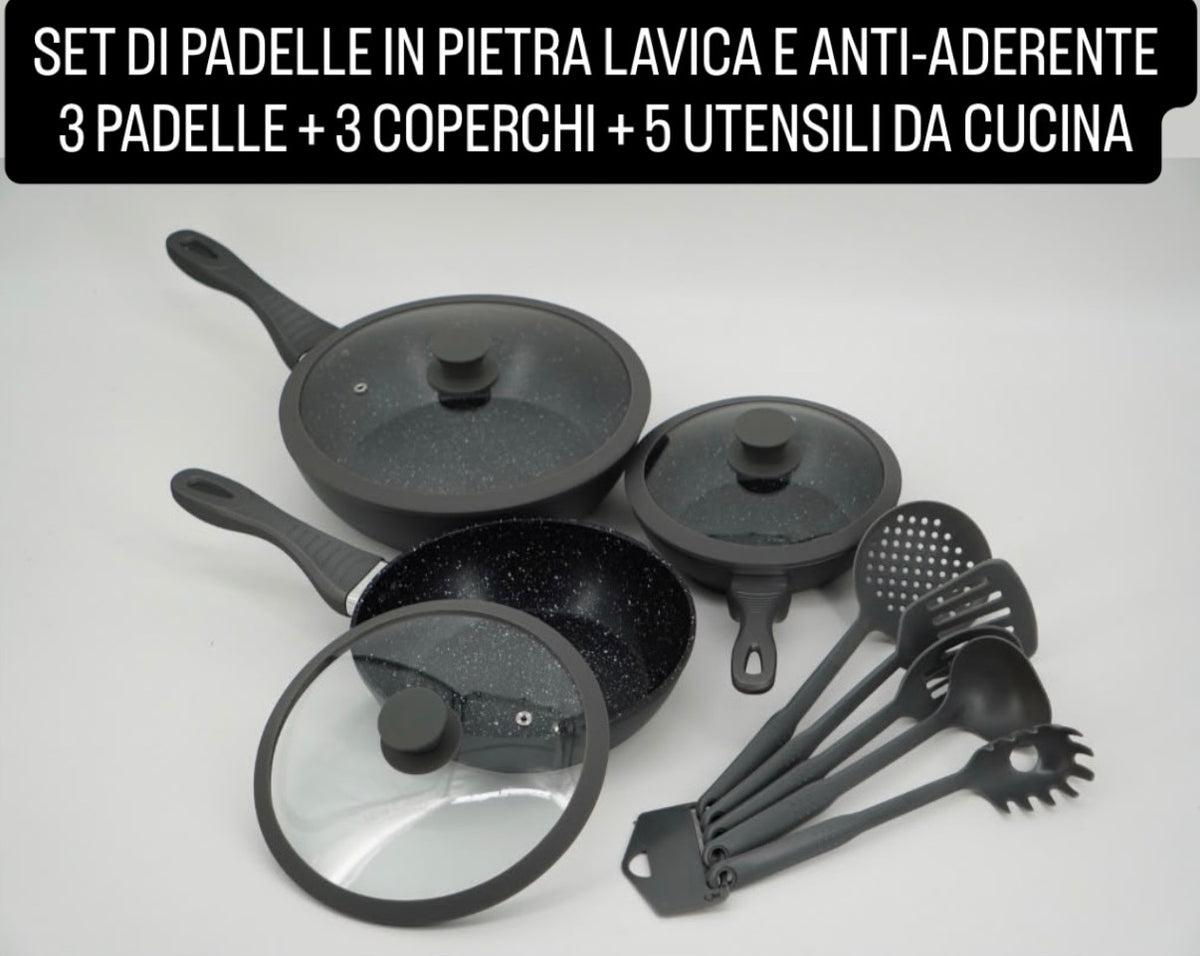 SET DI PADELLE  IN PIETRA LAVICA E ANTI-ADERENTE contiene 3 PADELLE , 3 COPERCHI e 5 UTENSILI CUCINA