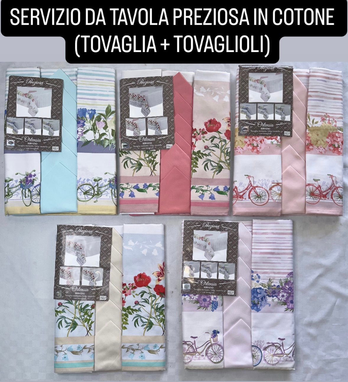 SERVIZIO DA TAVOLA IN COTONE (TOVAGLIA + TOVAGLIOLI) Preziosa X6 Persone (140x180cm) e X12 Persone (140x240cm)